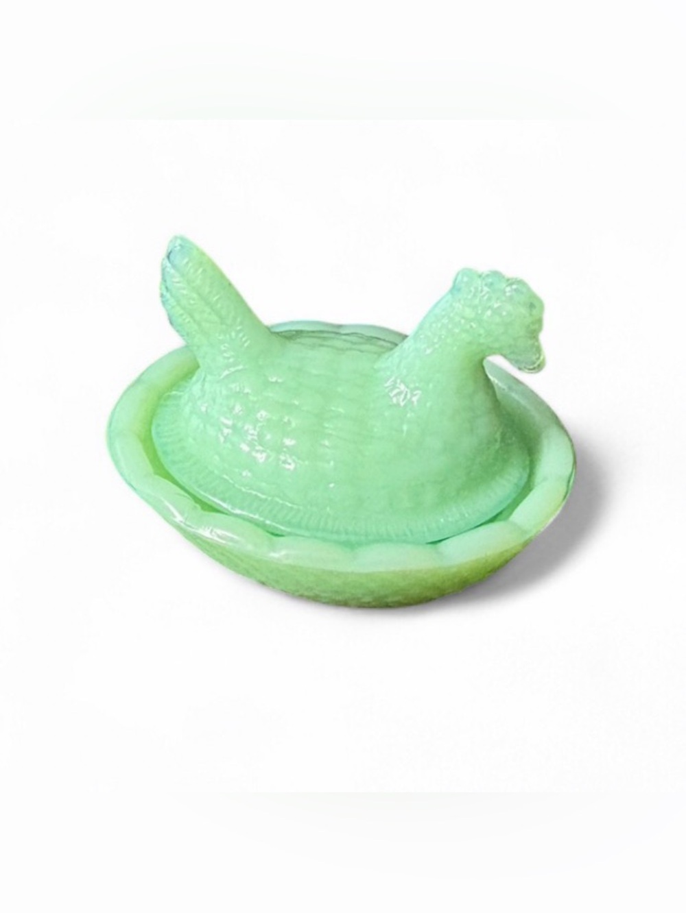 Vintage Style Mini Jadeite Glass Hen on Nest  Trinket & Ring Dish